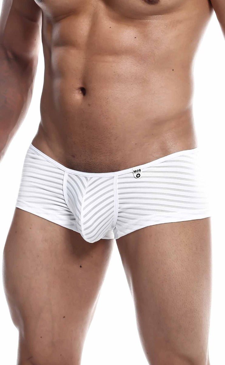 Mob boyshort white striped men’s briefs with modern contoured design and subtle waistband branding