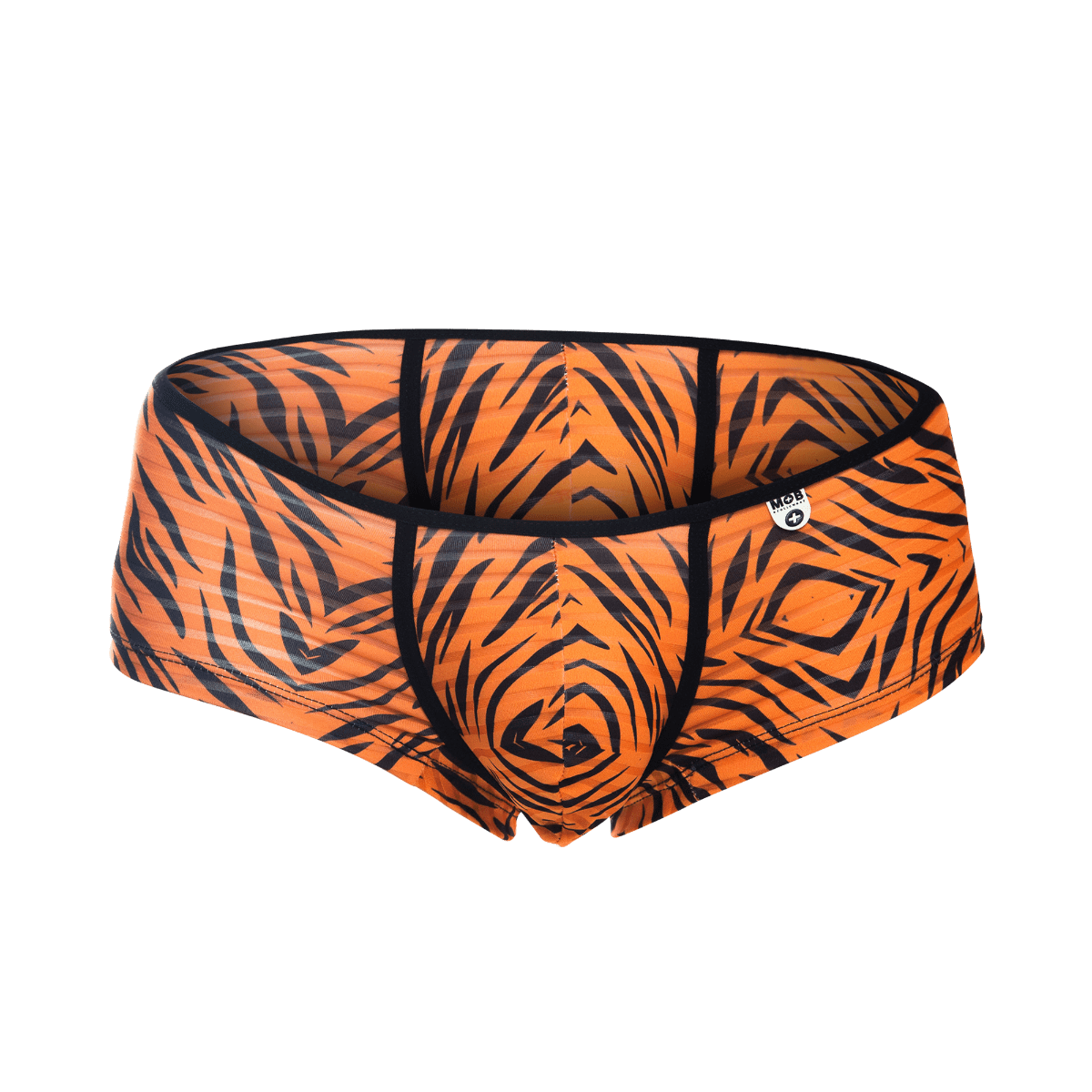 Mob boyshort orange tiger print snug form fitting briefs with black stripes front view