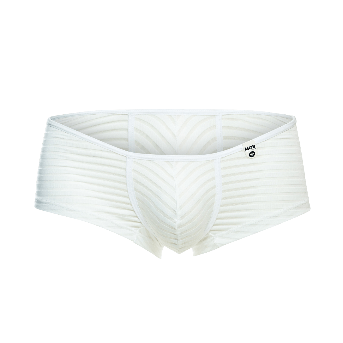 White men’s mob boyshort briefs with ribbed texture and subtle chevron pattern featuring mob logo waistband