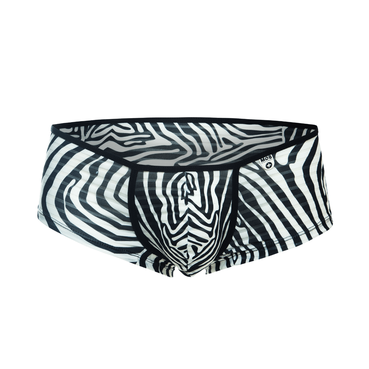 Men’s mob boyshort briefs with black and white zebra stripes featuring a bold graphic pattern