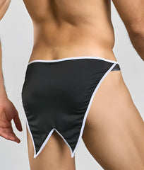 Black satin briefs with white trim and pointed triangular cutouts at leg openings for mob buttler costume