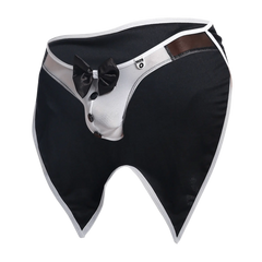 Black and white tuxedo-style men’s underwear with satin bow tie three buttons and brown leather trim mob buttler costume