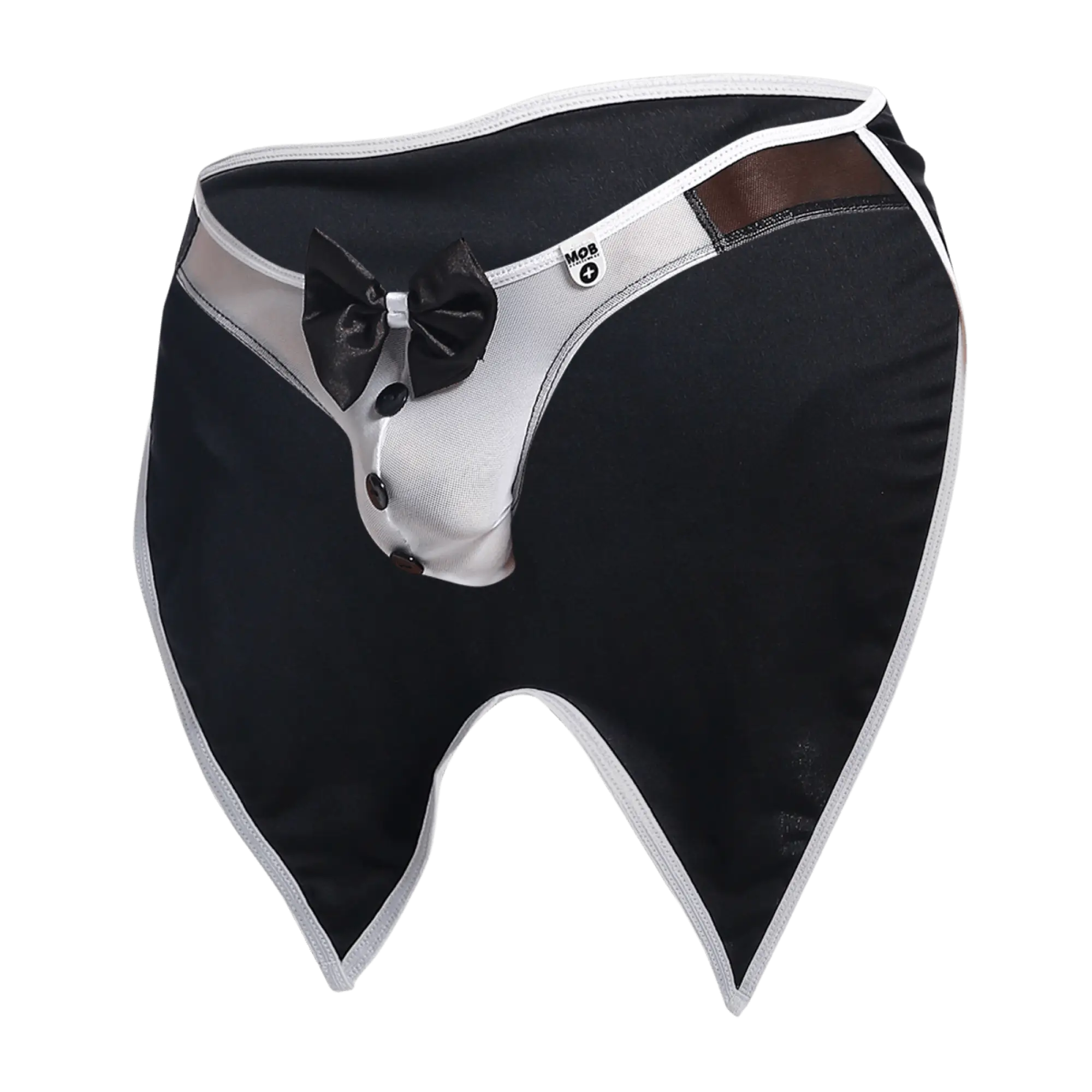 Black and white tuxedo style men’s underwear with satin bow tie brown leather trim and three black buttons for mob buttler costume