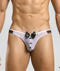 Gray sheer tuxedo-style thong with black bow and button details from mob buttler costume shown from back side