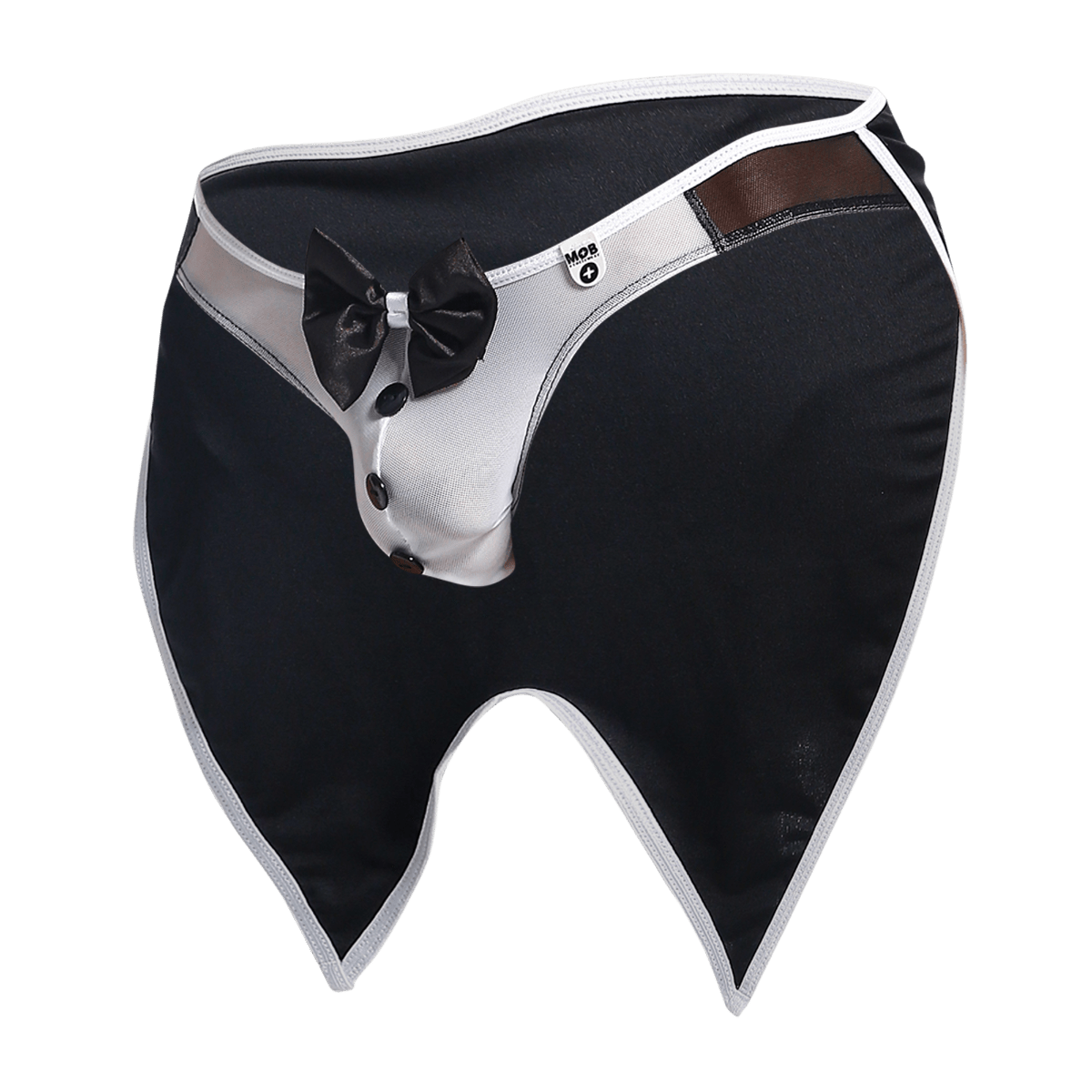 Black and white tuxedo style men’s underwear with satin bow tie brown leather trim and three black buttons mob buttler costume