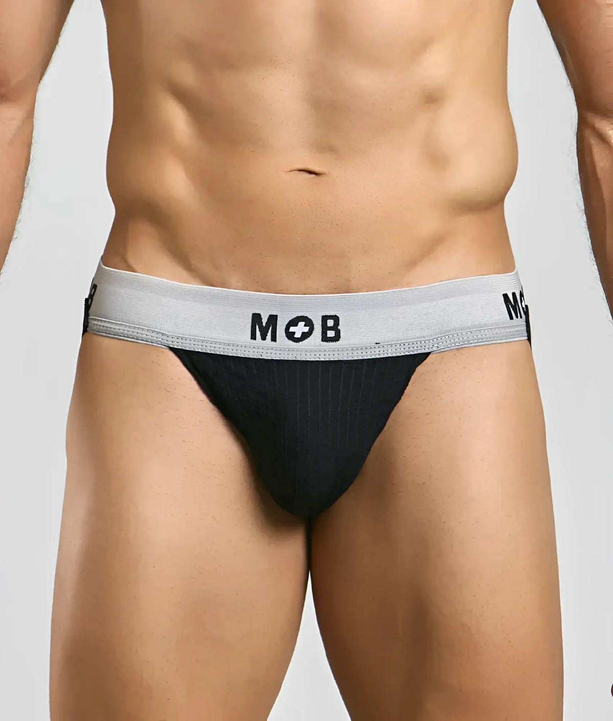 Black pinstriped briefs with gray waistband featuring mob logo in mob classic jock 3 inches style