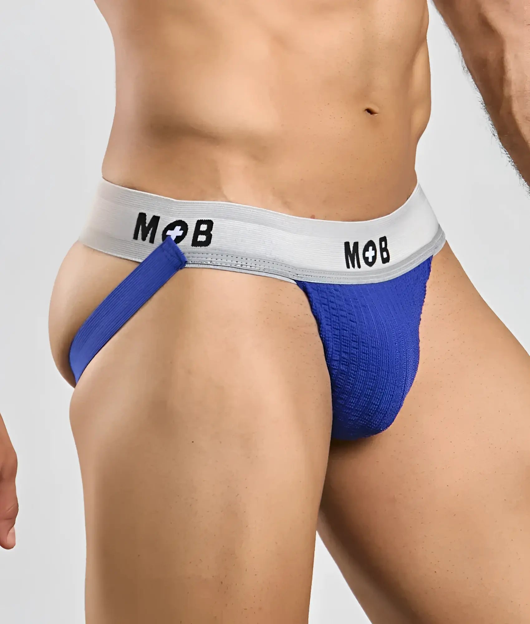 Blue textured mob classic jock 3 inches with gray waistband featuring the mob logo for athletic support