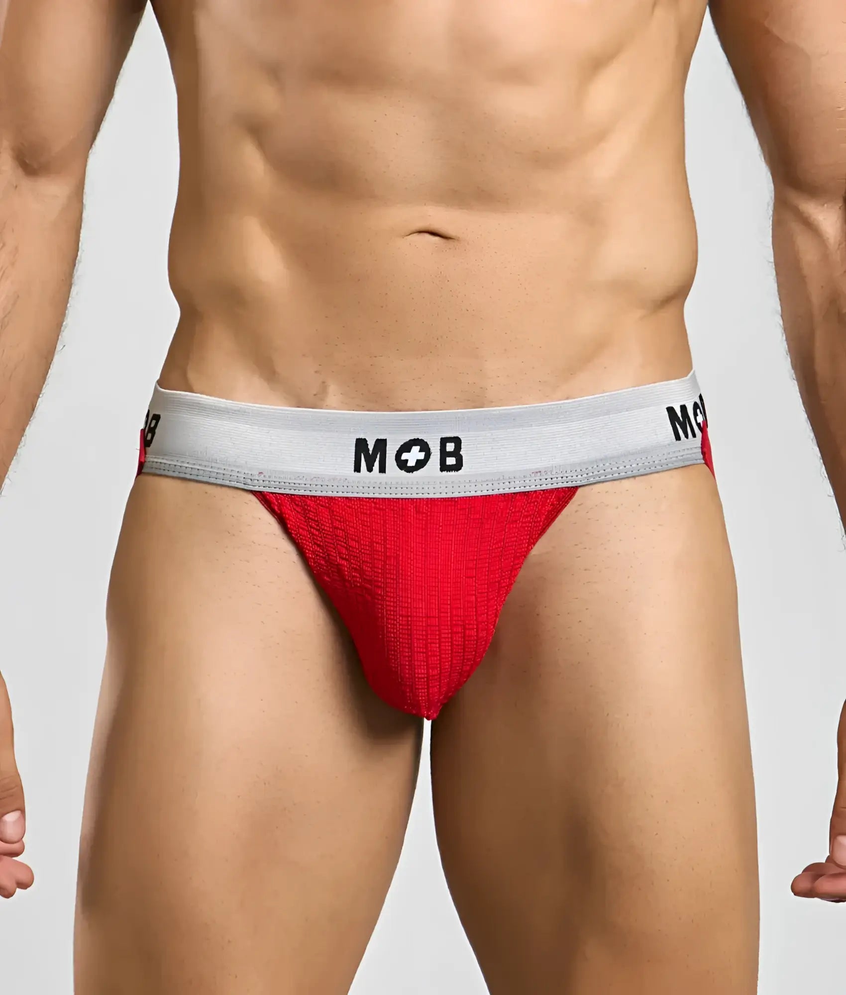 Red textured briefs with a gray waistband featuring the mob logo from mob classic jock 3 inches collection