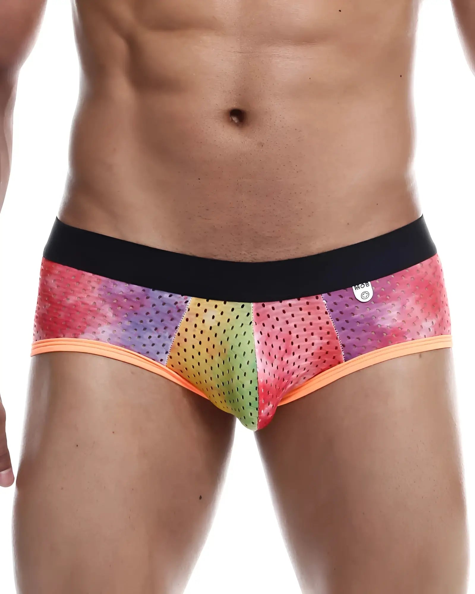 Rainbow-colored mob aero perforated mesh briefs with black waistband and orange trim showing front side