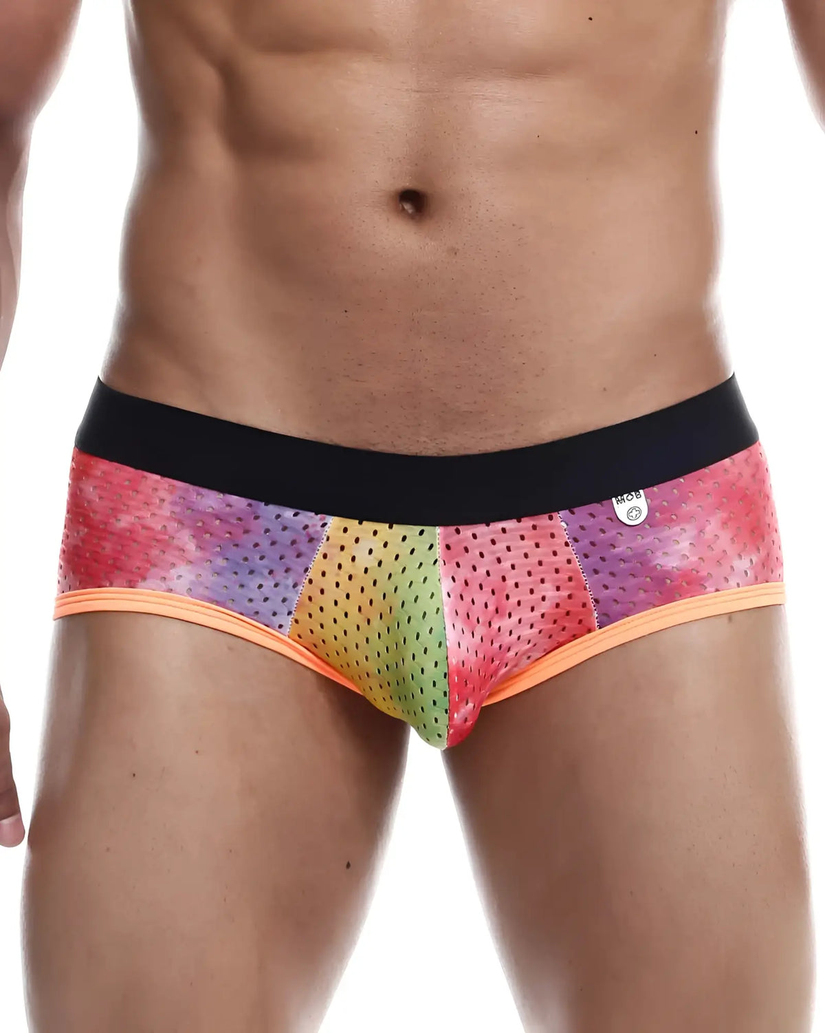 Rainbow-colored mob aero perforated mesh briefs with black waistband and orange trim showing front side