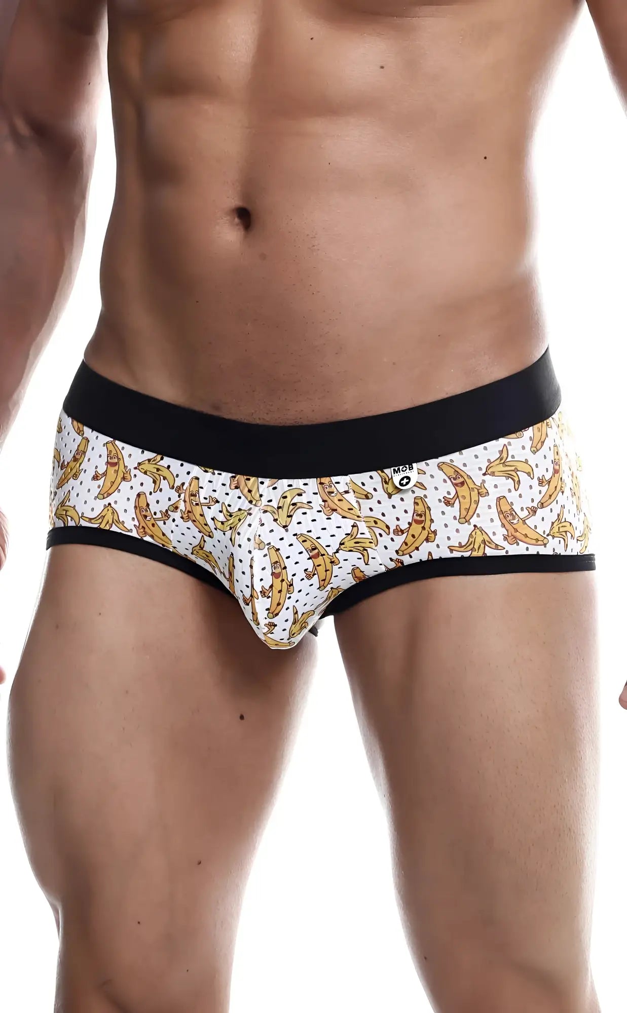 White banana-patterned briefs with black elastic waistband and trim from the mob aero brief collection