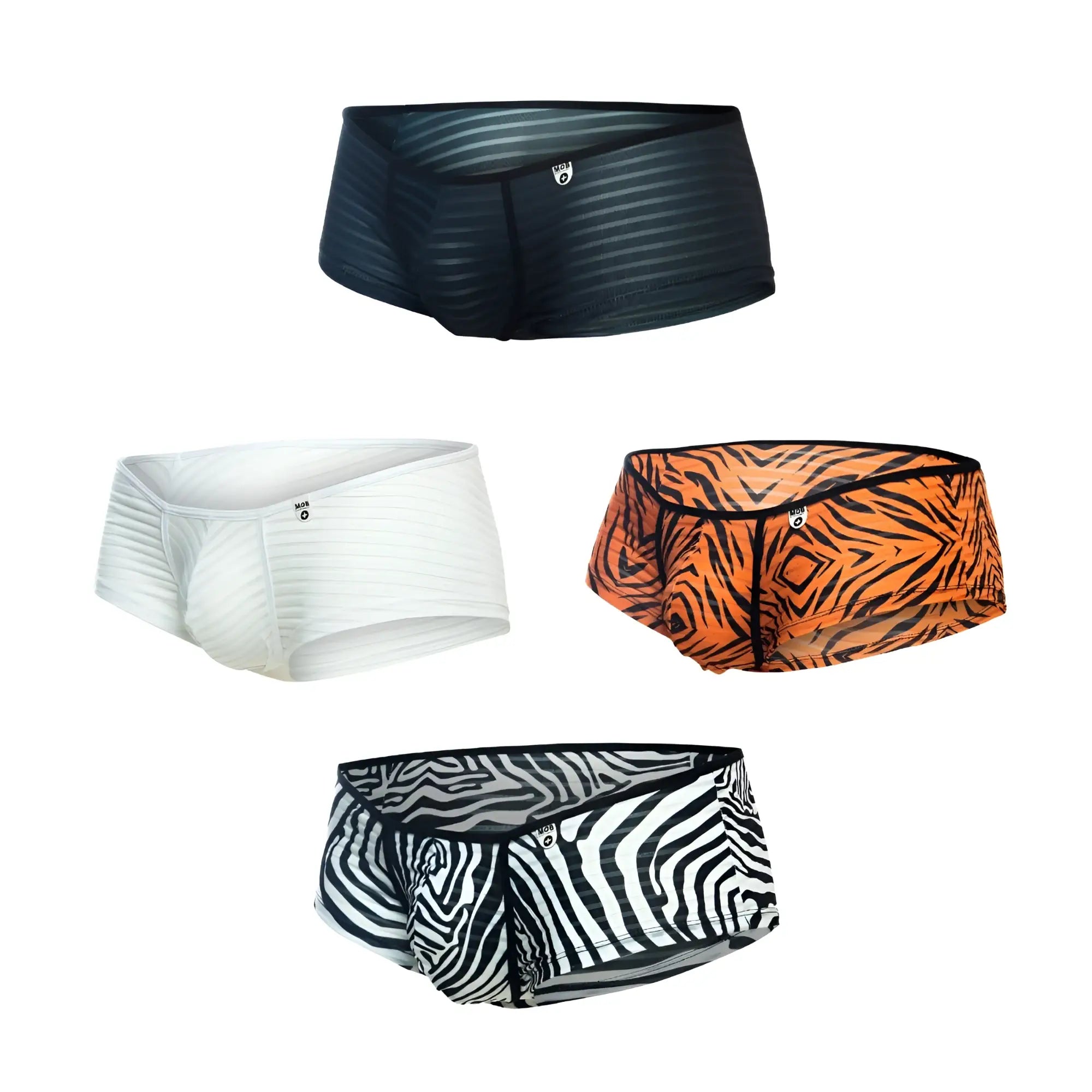 Black striped men’s briefs mob boyshort with subtle sheen and small logo on the waistband