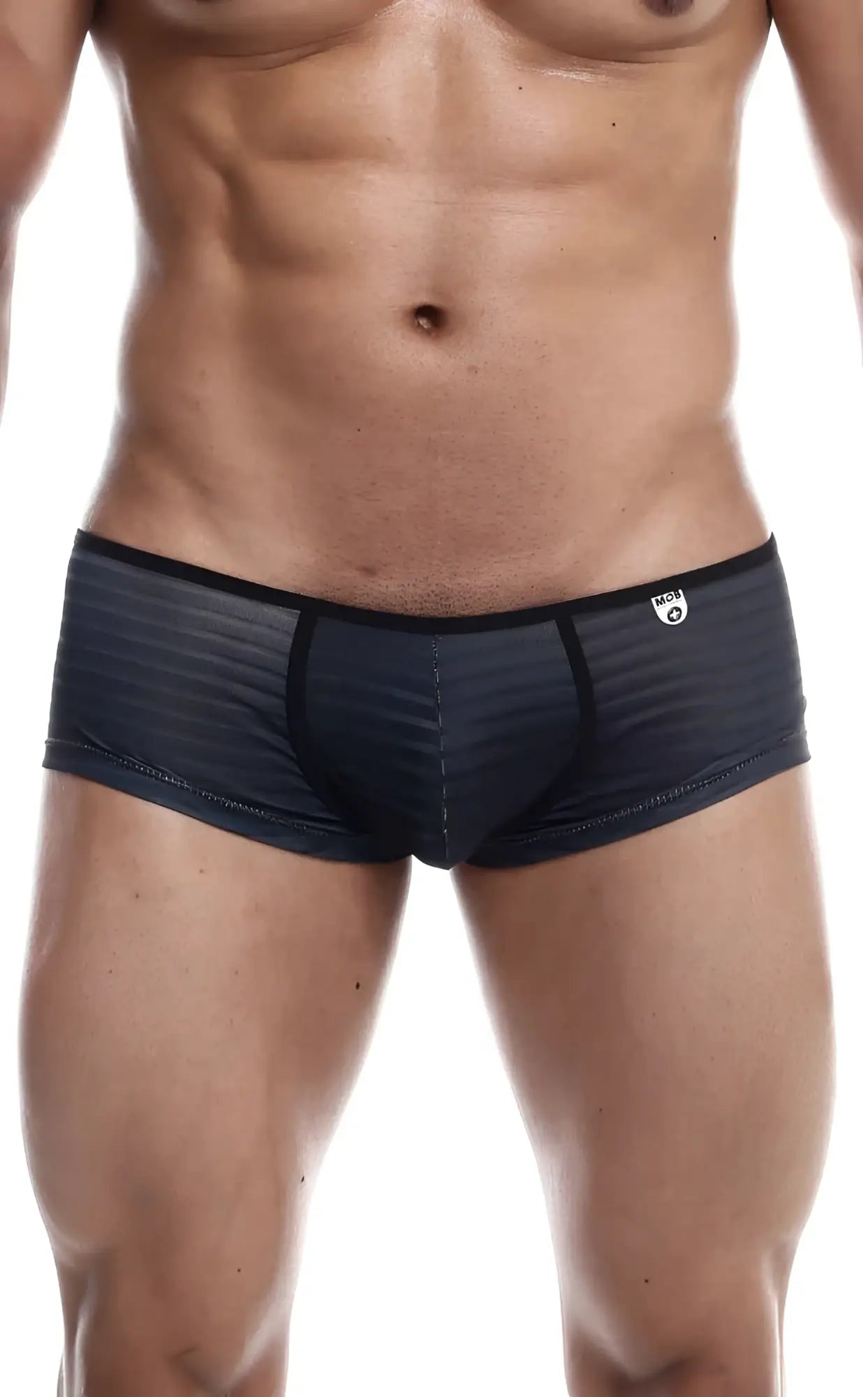 Black textured mob boyshort briefs with subtle striped pattern and black trim showing front side details