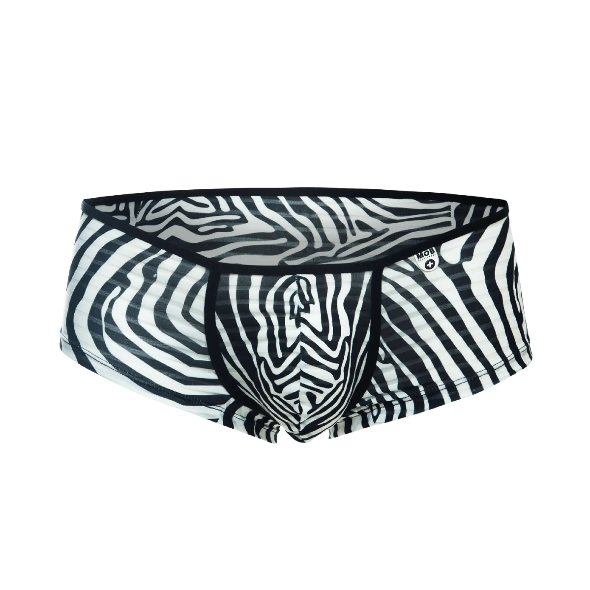 Black and white zebra-striped men’s briefs mob boyshort with bold graphic pattern in soft stretch fabric