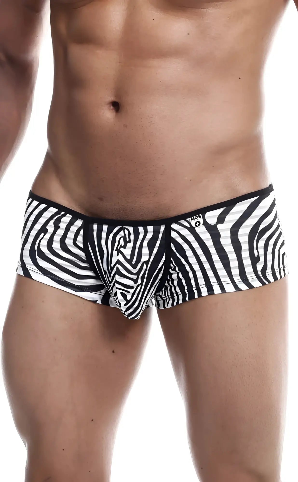 MOB Boyshort black and white zebra-striped men’s briefs with a snug fit and soft comfortable material