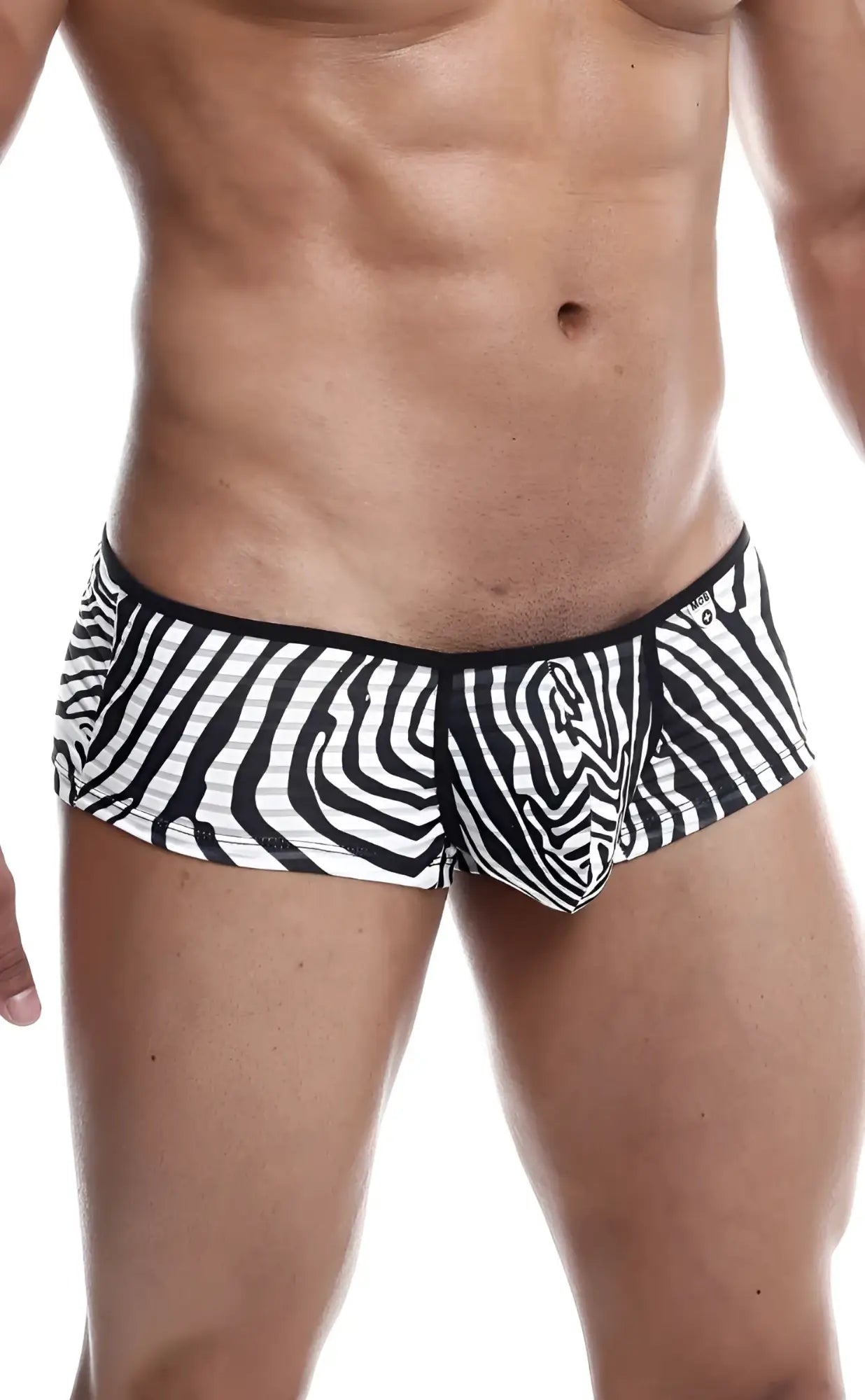 MOB boyshort black and white zebra-striped men’s briefs with a snug fit made from soft stretchy fabric
