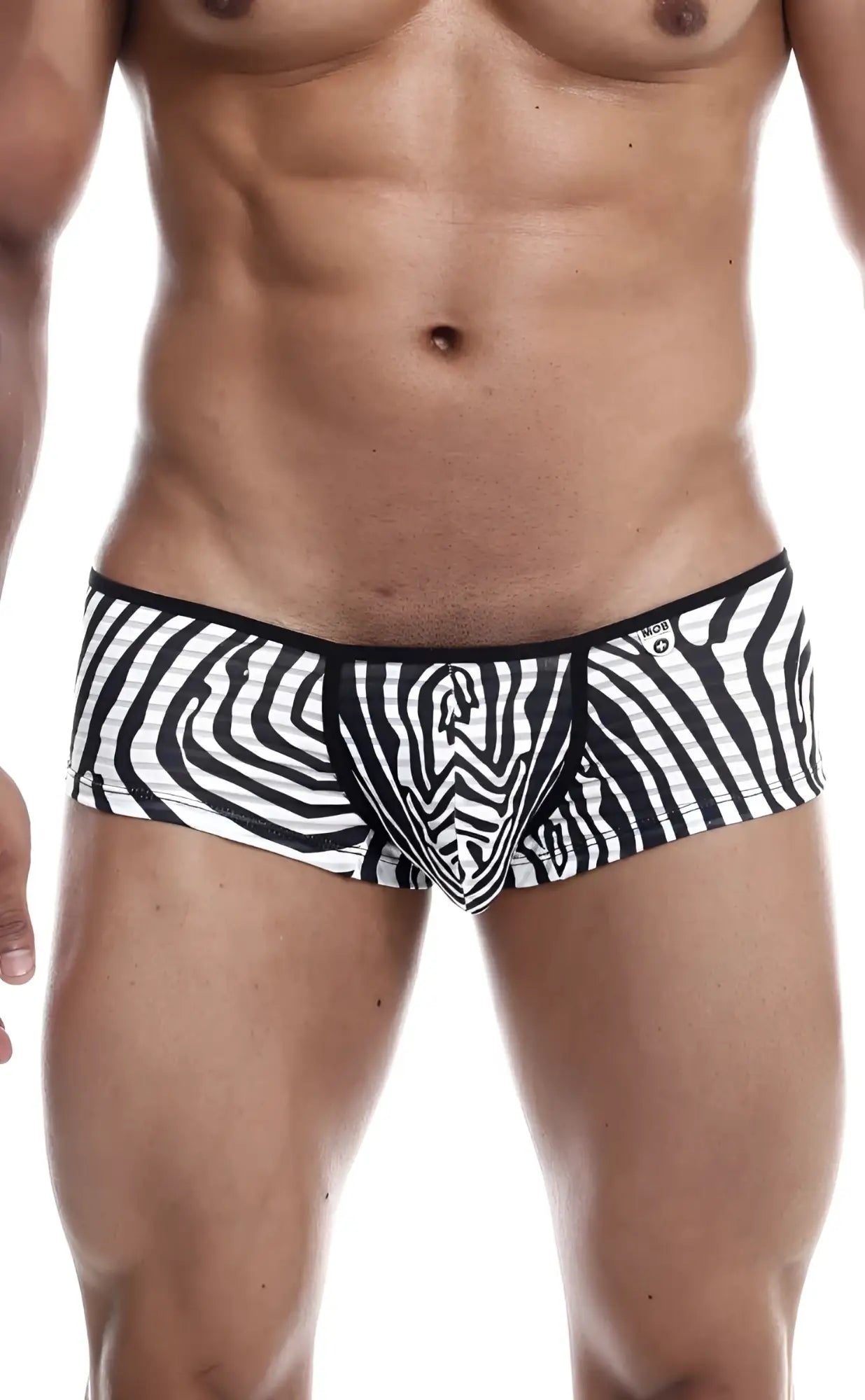 Black and white zebra-striped MOB boyshort men’s briefs with snug form-fitting design and comfortable stretch fabric