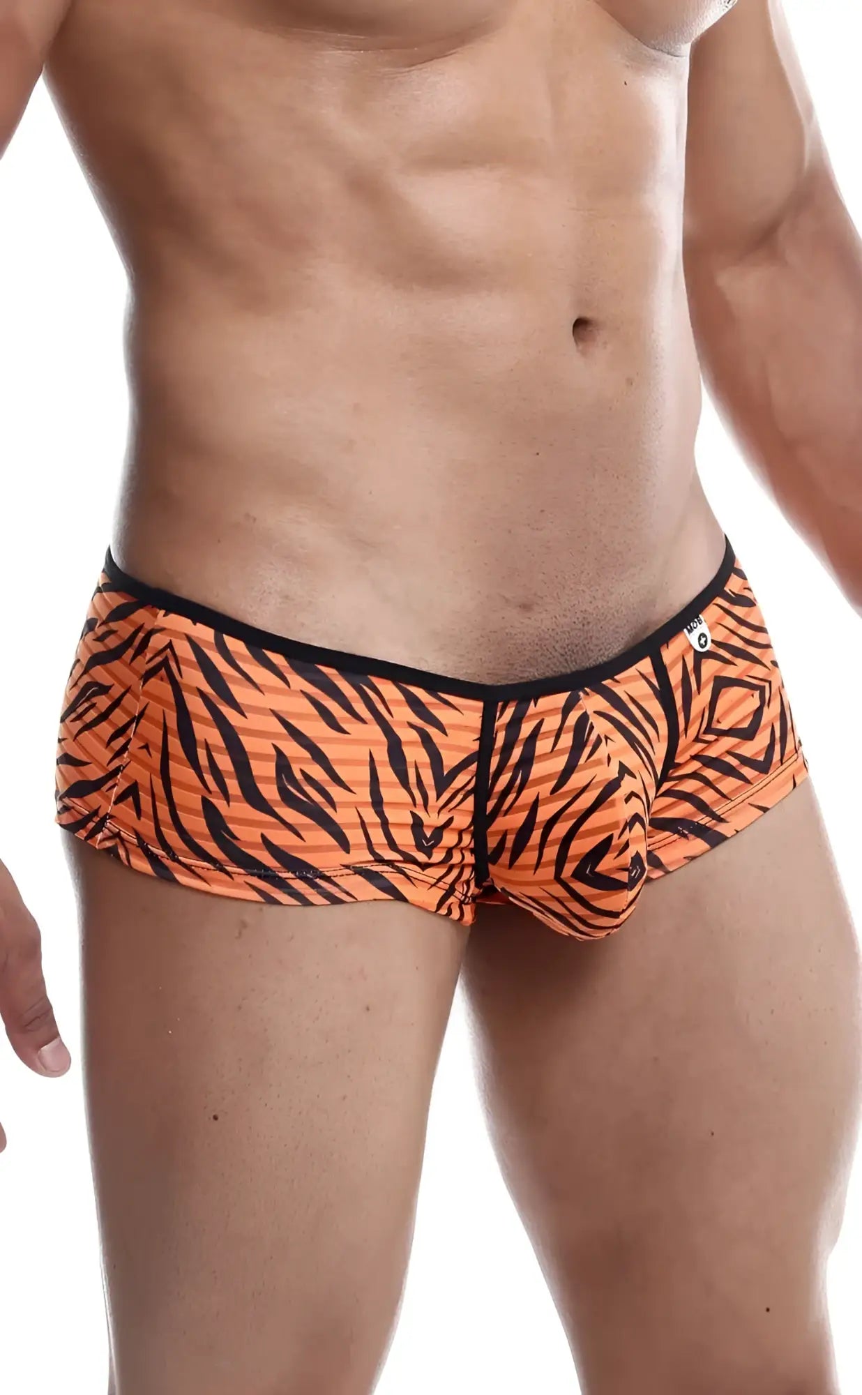 Mob boyshort snug fit men’s briefs in orange and black tiger stripe pattern with comfortable stretch fabric