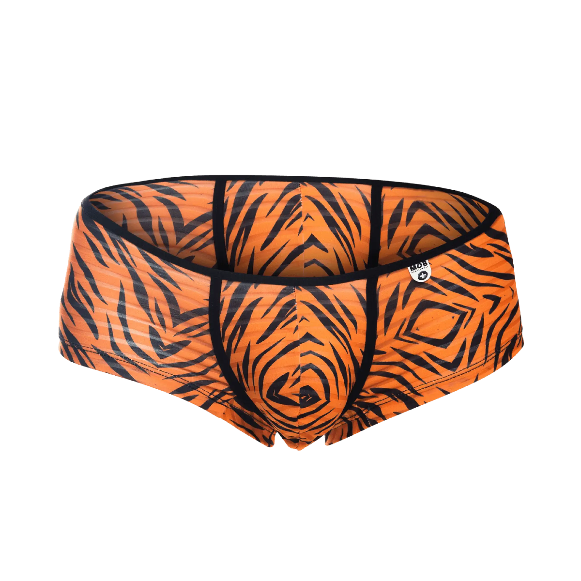 MOB boyshort orange tiger-print briefs with black stripes and a snug form-fitting design