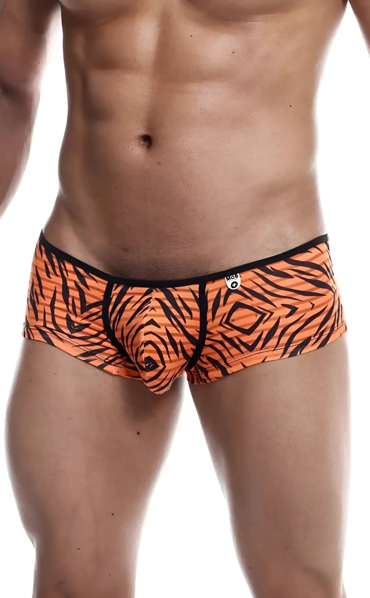 MOB boyshort briefs in orange tiger print with black stripes and a black waistband for comfortable wear