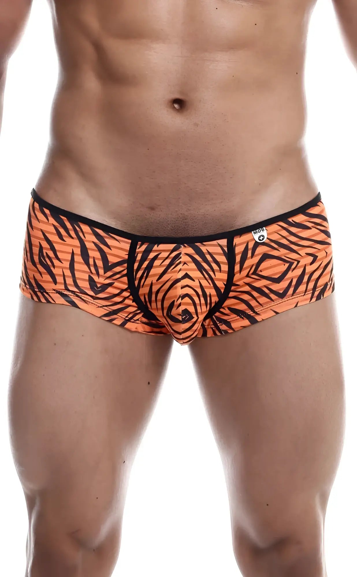MOB Boyshort orange tiger-print briefs with black trim and central seam in stretch fabric for comfortable wear