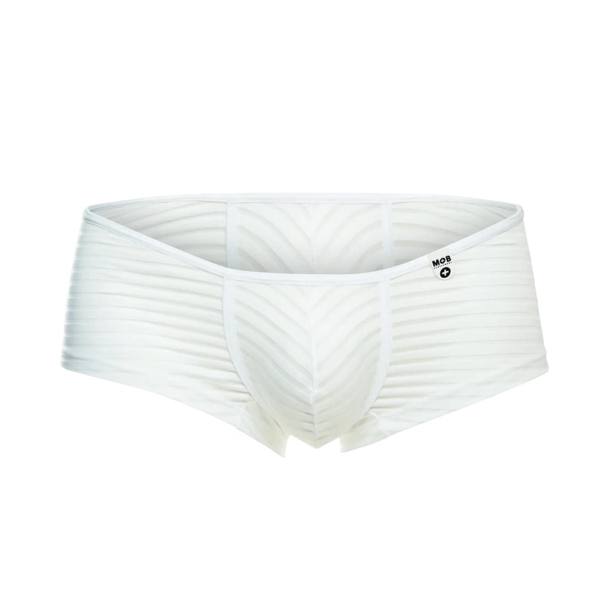 White mob boyshort briefs with ribbed texture and subtle chevron pattern featuring mob logo waistband