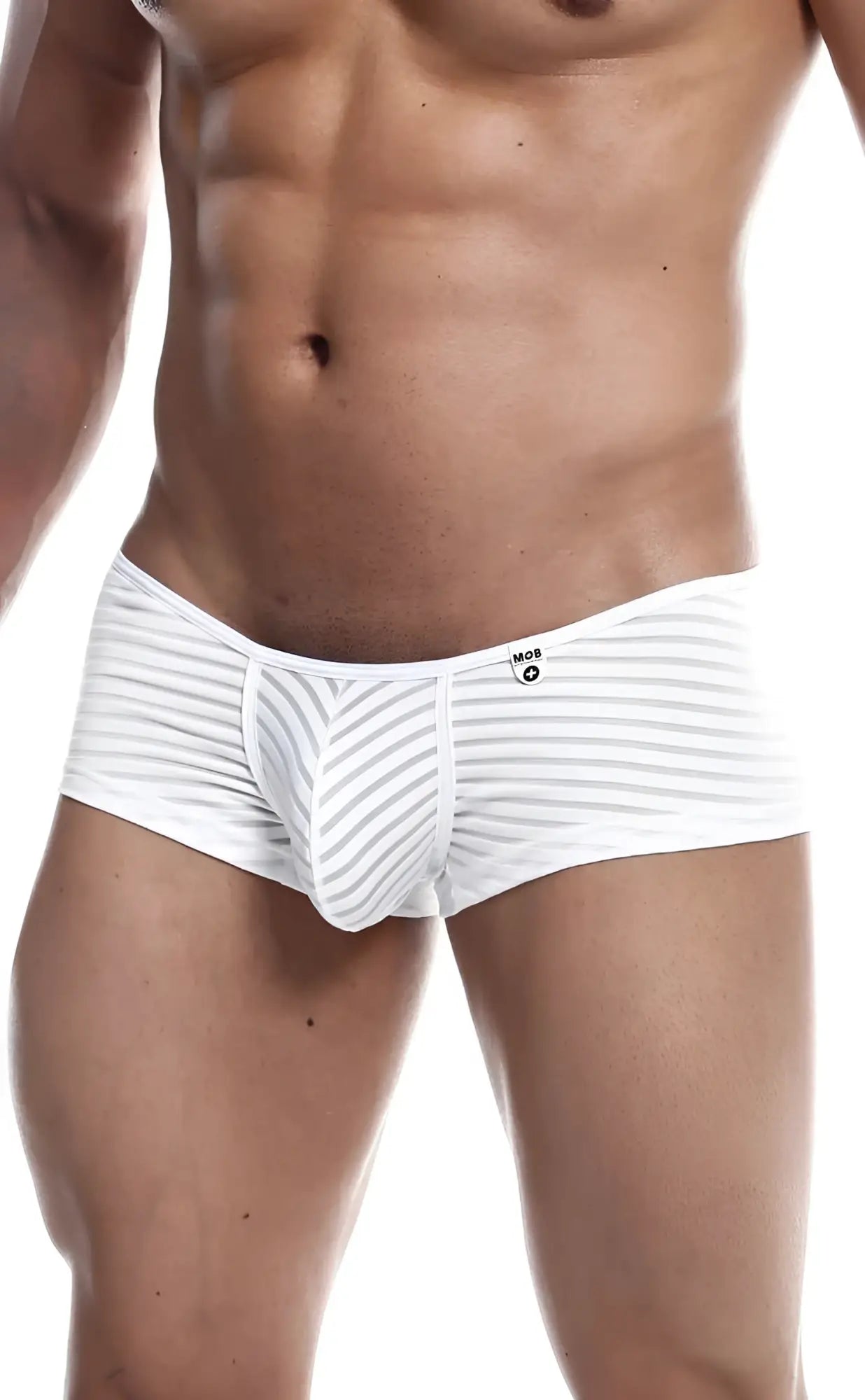 Mob boyshort white striped men’s briefs with modern contoured design and subtle waistband branding