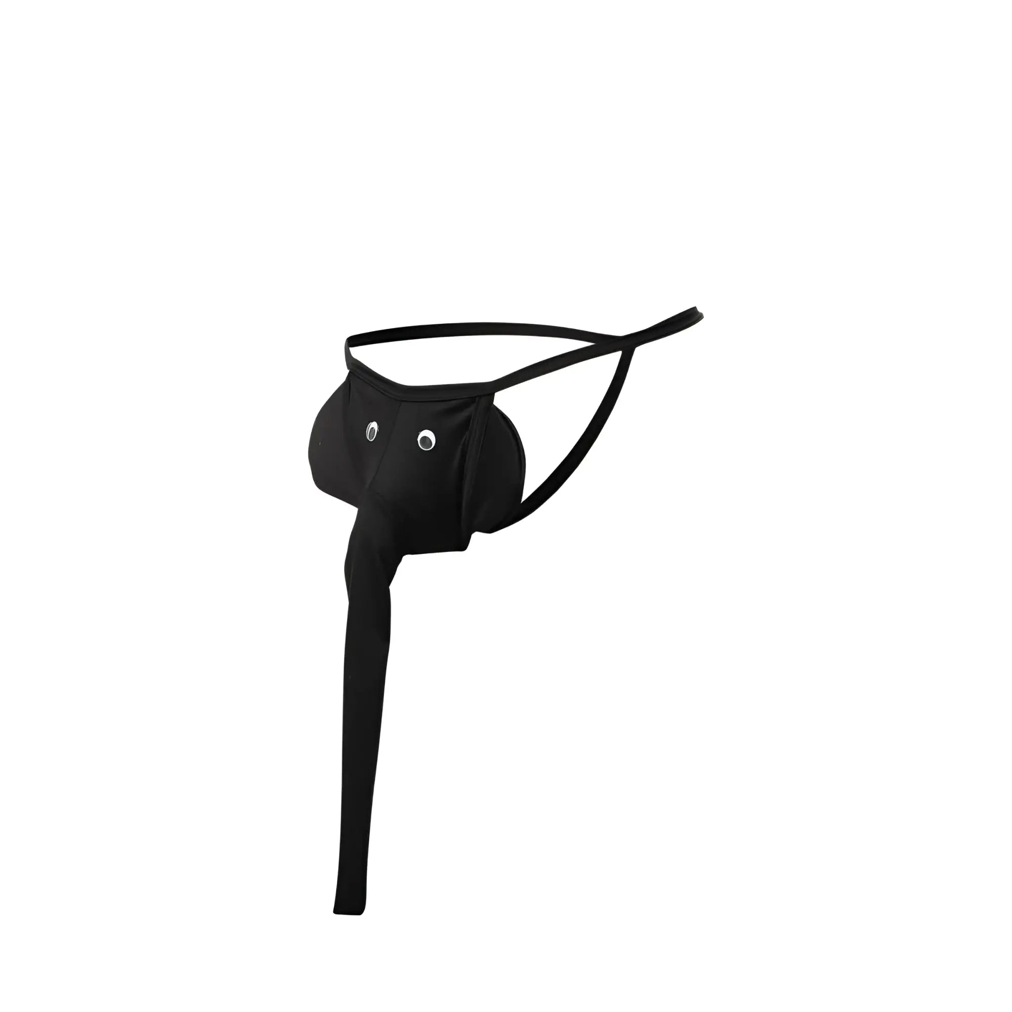 Black elephant thong with long narrow strap and two small white circular embellishments on the front