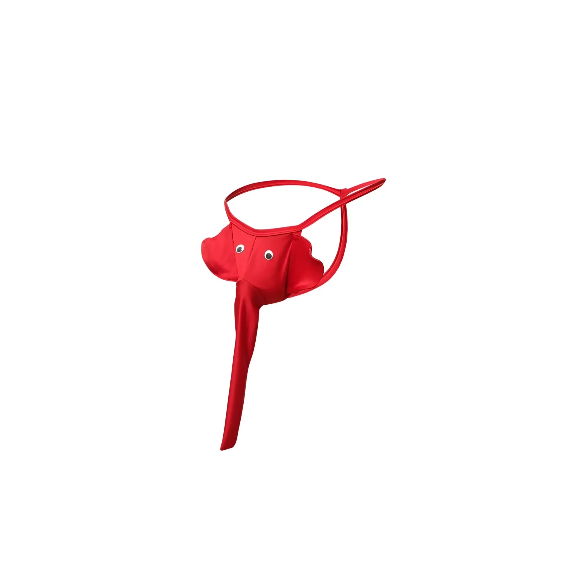Red elephant thong made of shiny fabric with googly eyes themed for playful intimate wear