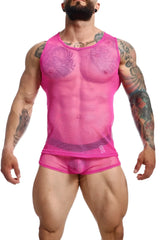 Bright pink mob fishnet boxer mesh tank top and briefs with sheer form-fitting design