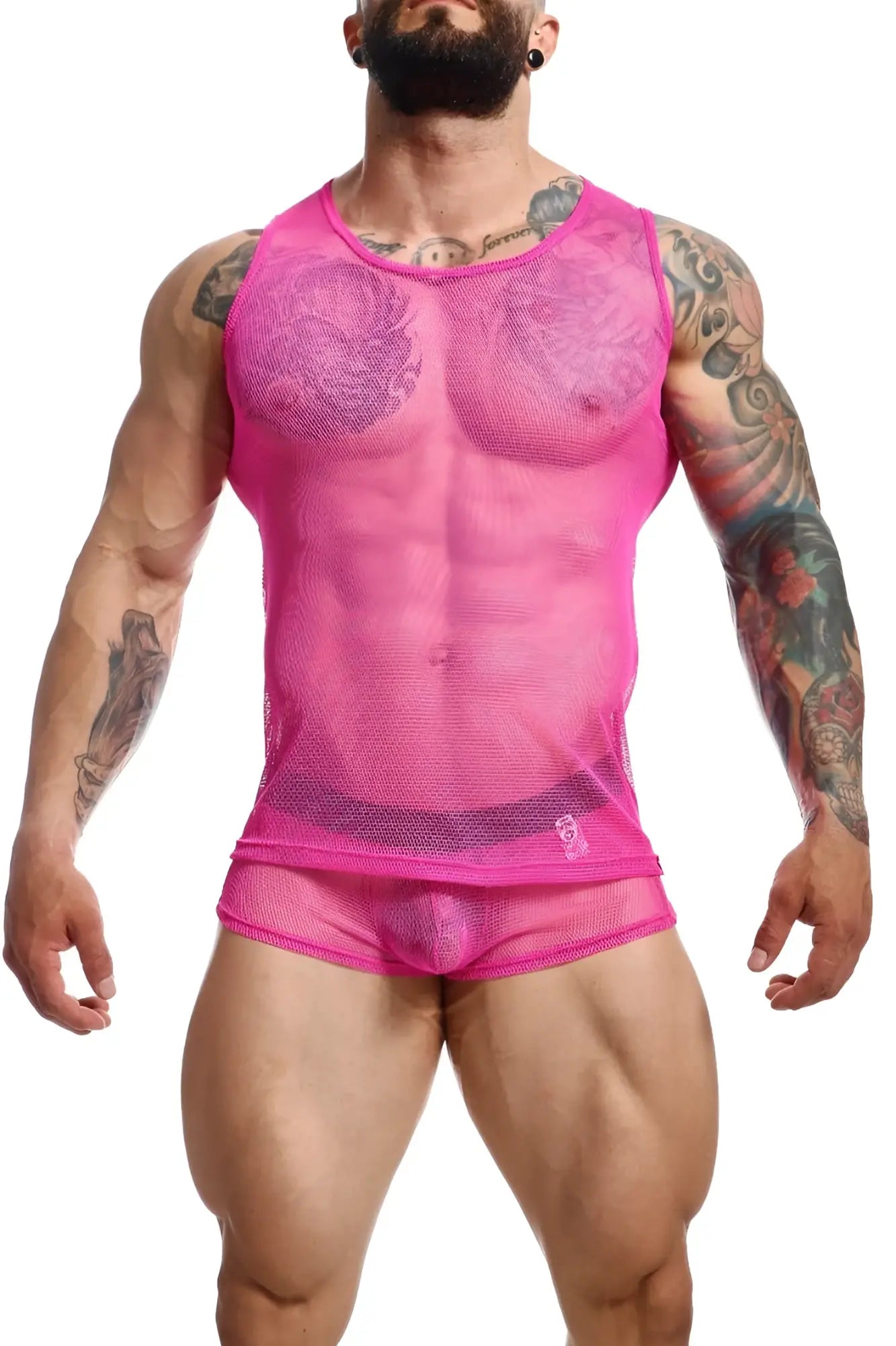 Bright pink mob fishnet boxer mesh tank top and briefs with sheer form-fitting design