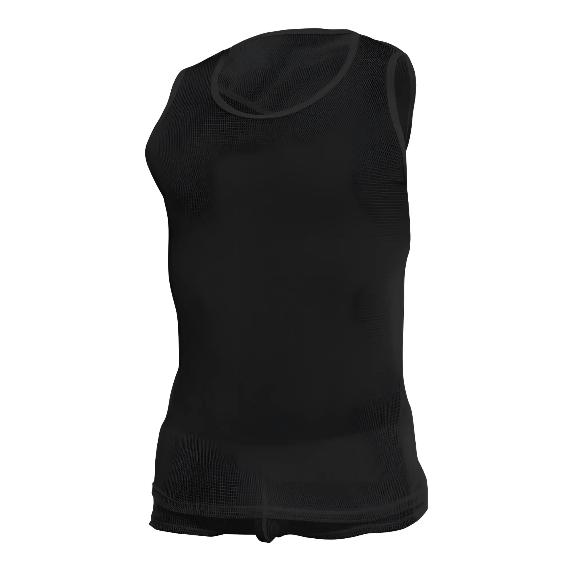 Black mesh sleeveless mob fishnet tanktop with rounded neckline and ribbed hem for breathable casual wear
