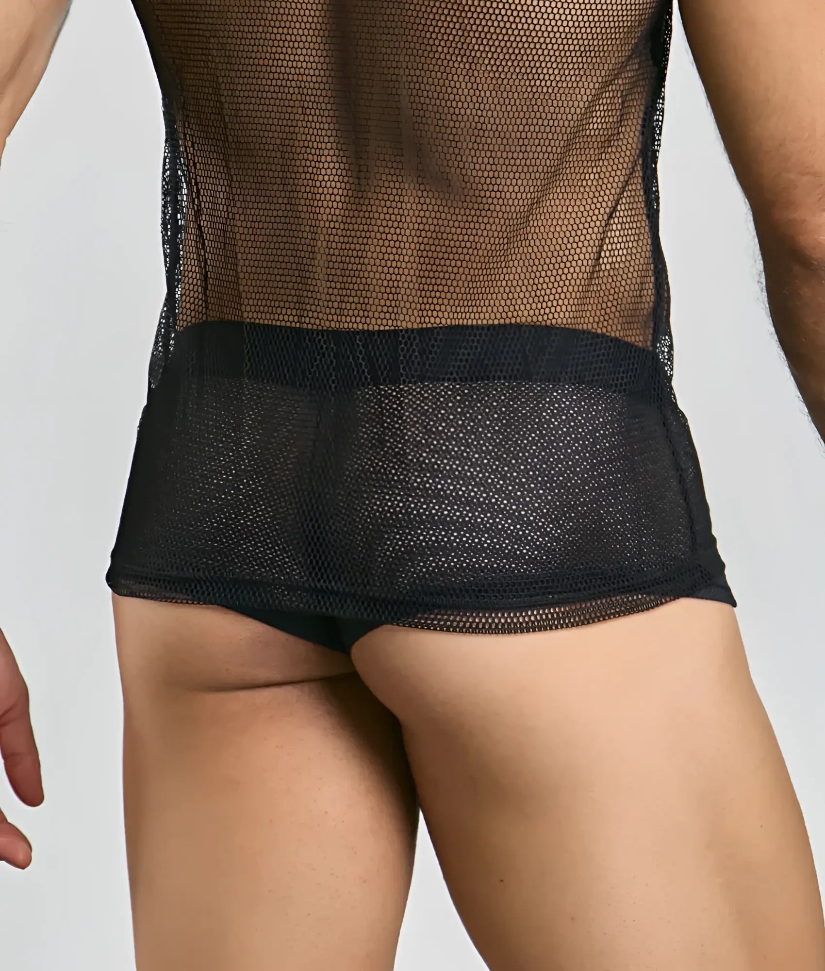 Black mesh mob fishnet tanktop featuring a solid black waistband for a stylish breathable fit