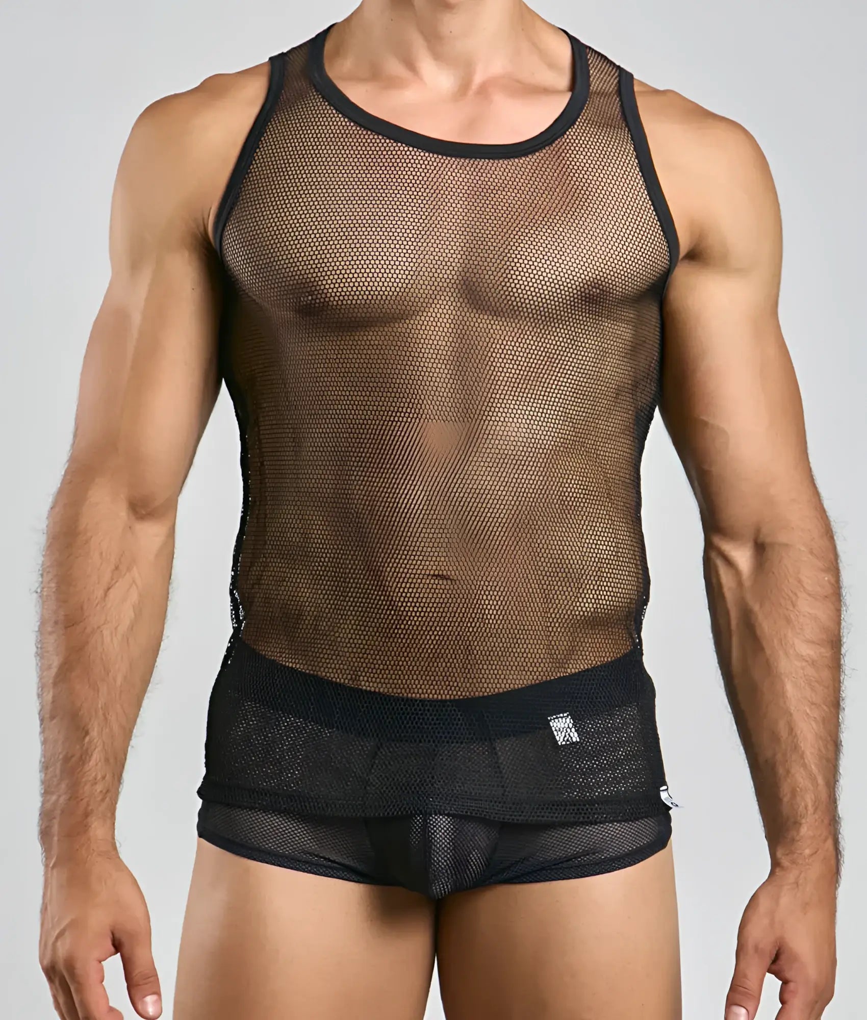Black mesh MOB fishnet tanktop with round neckline and reinforced black trim along the edges