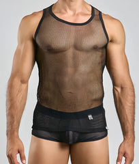 Black mesh MOB fishnet tanktop with round neckline and reinforced black trim along the edges