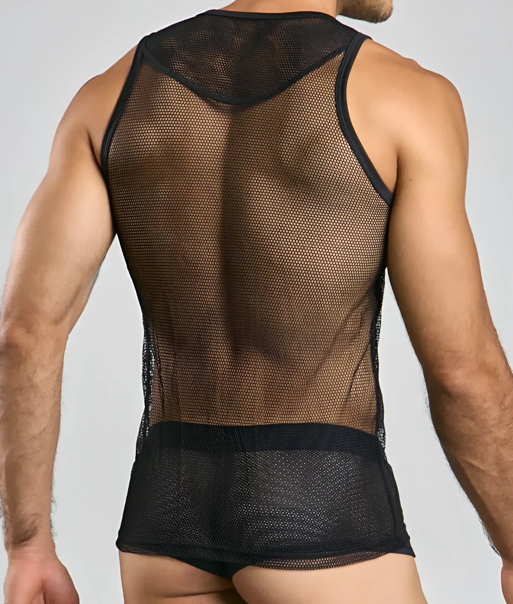 Black mesh tank top mob fishnet tanktop with sheer breathable fabric and reinforced black trim on neckline and waistband