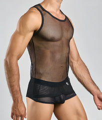 Black mesh tank top with black trim and matching briefs featuring a fishnet design for stylish layering and comfort