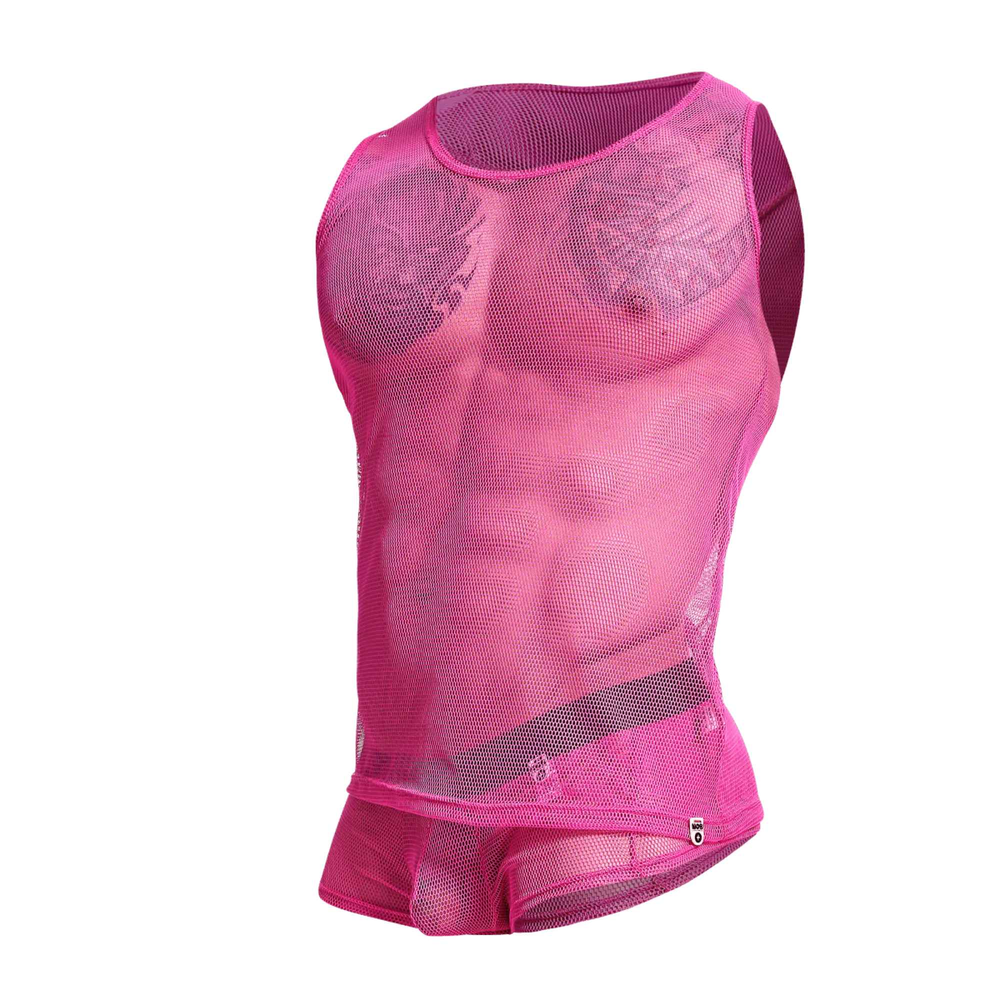 A vibrant hot pink mob fishnet tanktop with a fitted form-fitting design made of breathable mesh material