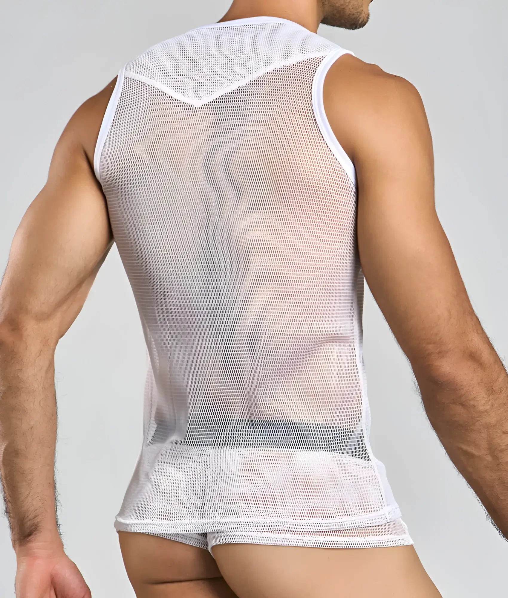 Mob fishnet tanktop white mesh v-neck tank top with reinforced trim along edges for breathable style
