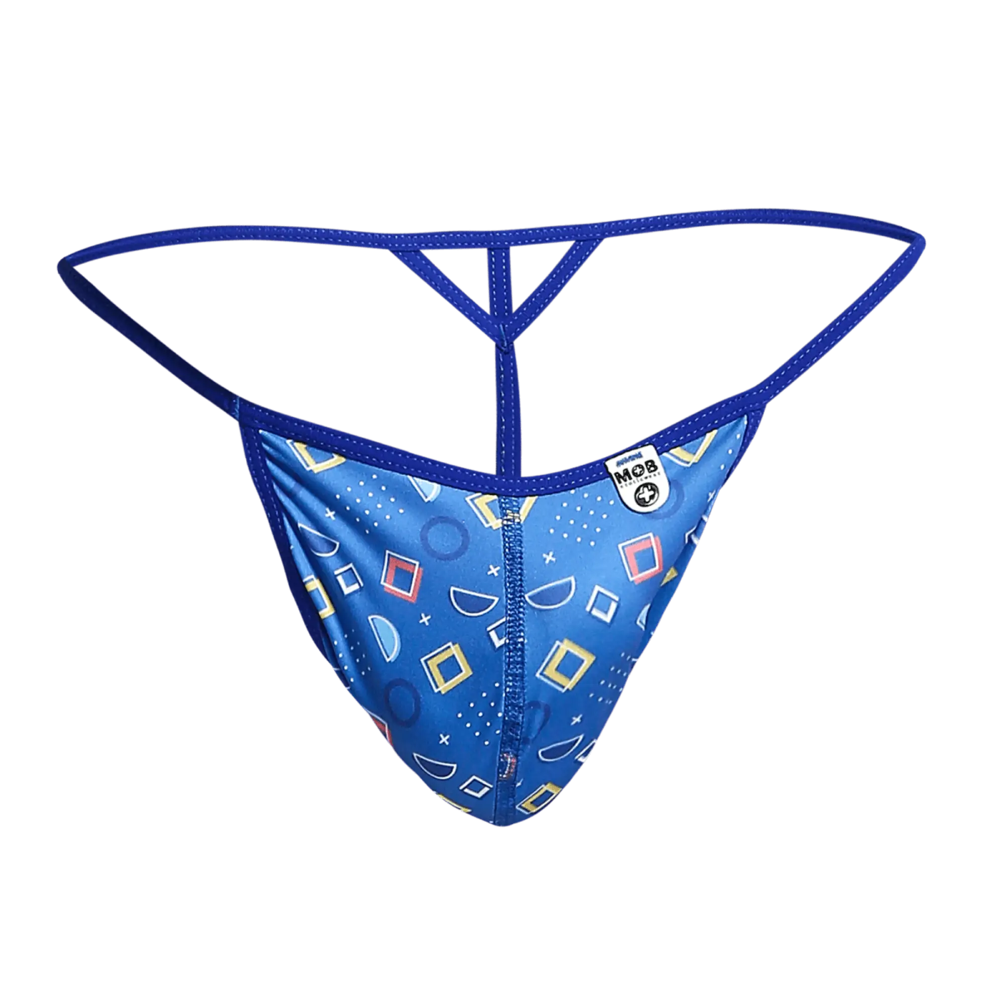 Blue patterned mob hipster t thong print with geometric shapes and central zipper featuring mob brand label