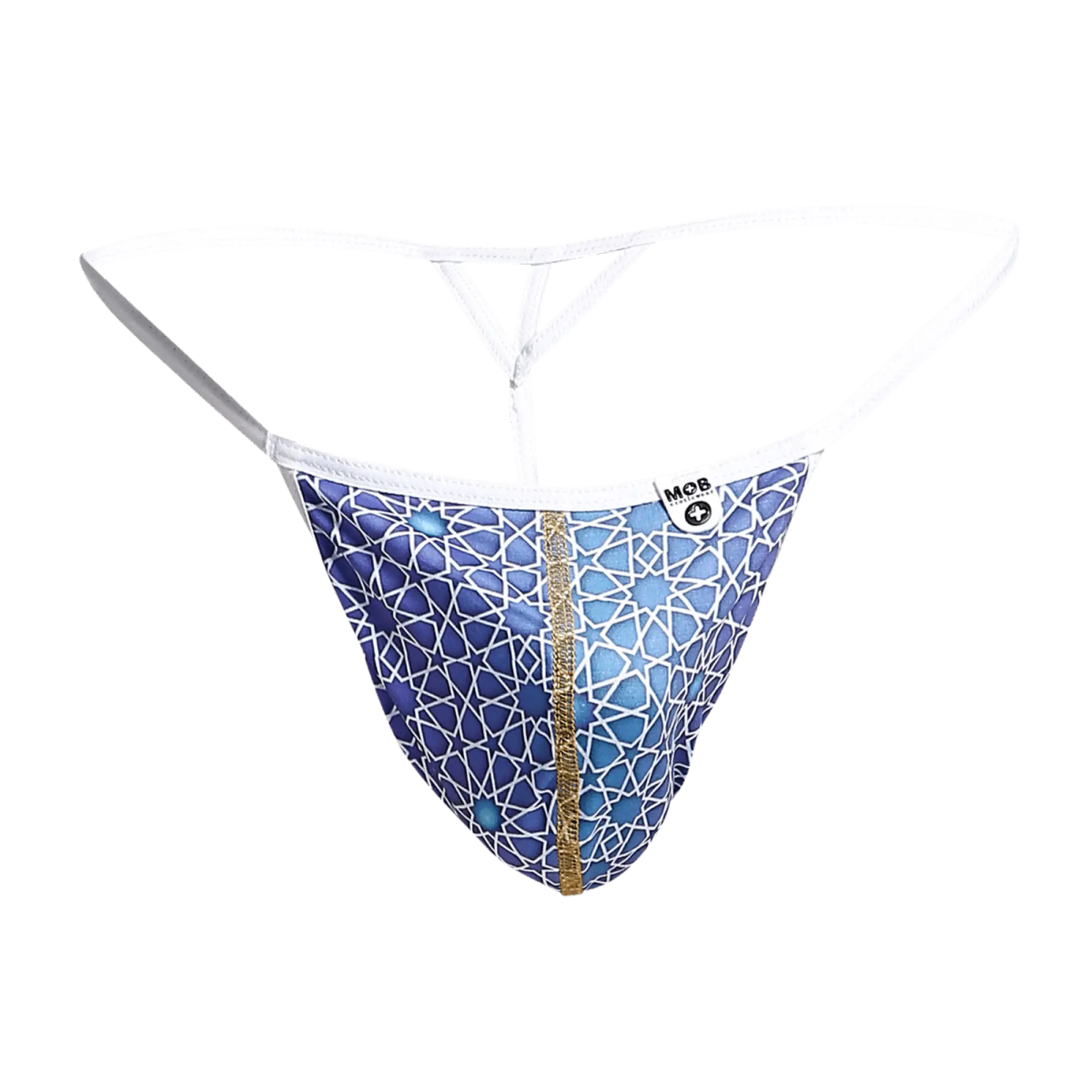 Blue patterned mob hipster t thong with white geometric design gold zipper and white waistband showing front side