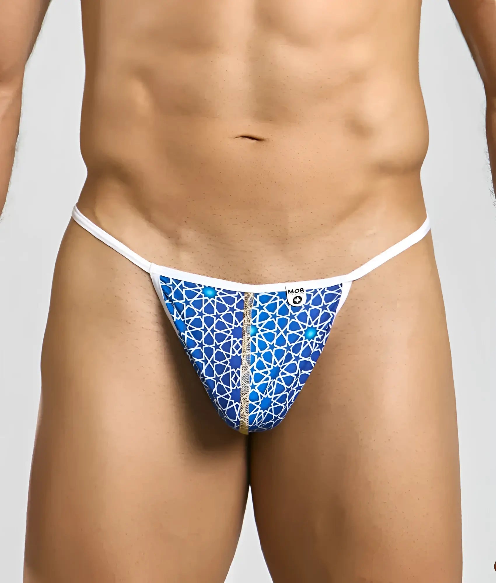 MOB Hipster T Thong Print blue patterned thong with white trim gold zipper and intricate geometric design front view