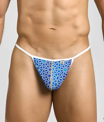 MOB Hipster T Thong Print blue patterned thong with white trim gold zipper and intricate geometric design front view