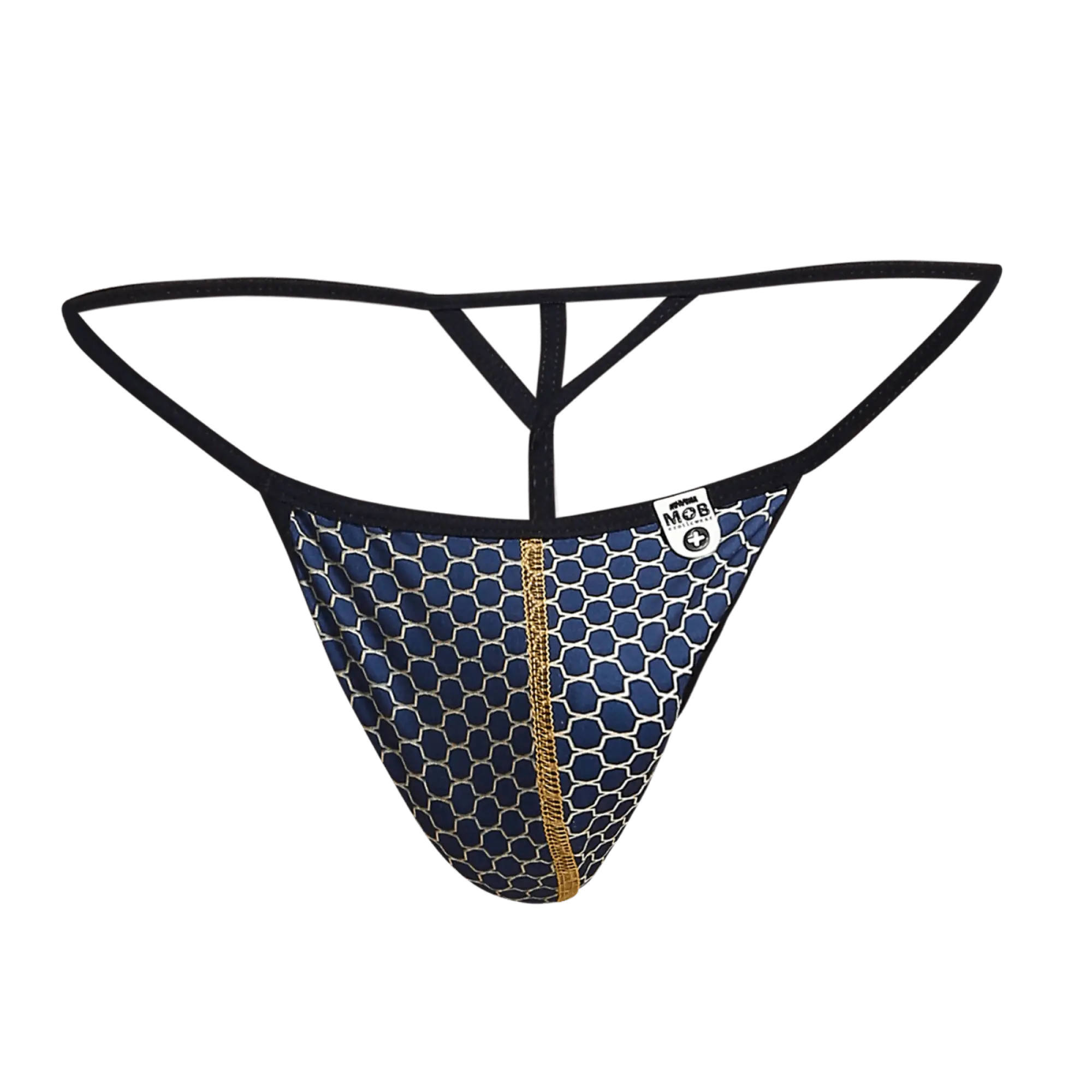 Mob hipster t thong print blue and white honeycomb patterned thong with gold zipper and black elastic straps