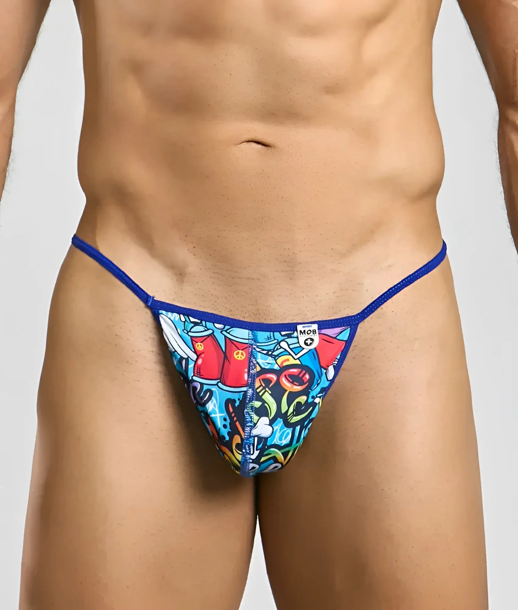 Mob hipster t thong print featuring vibrant blue multicolored graffiti pattern with solid royal blue waistband and mob logo