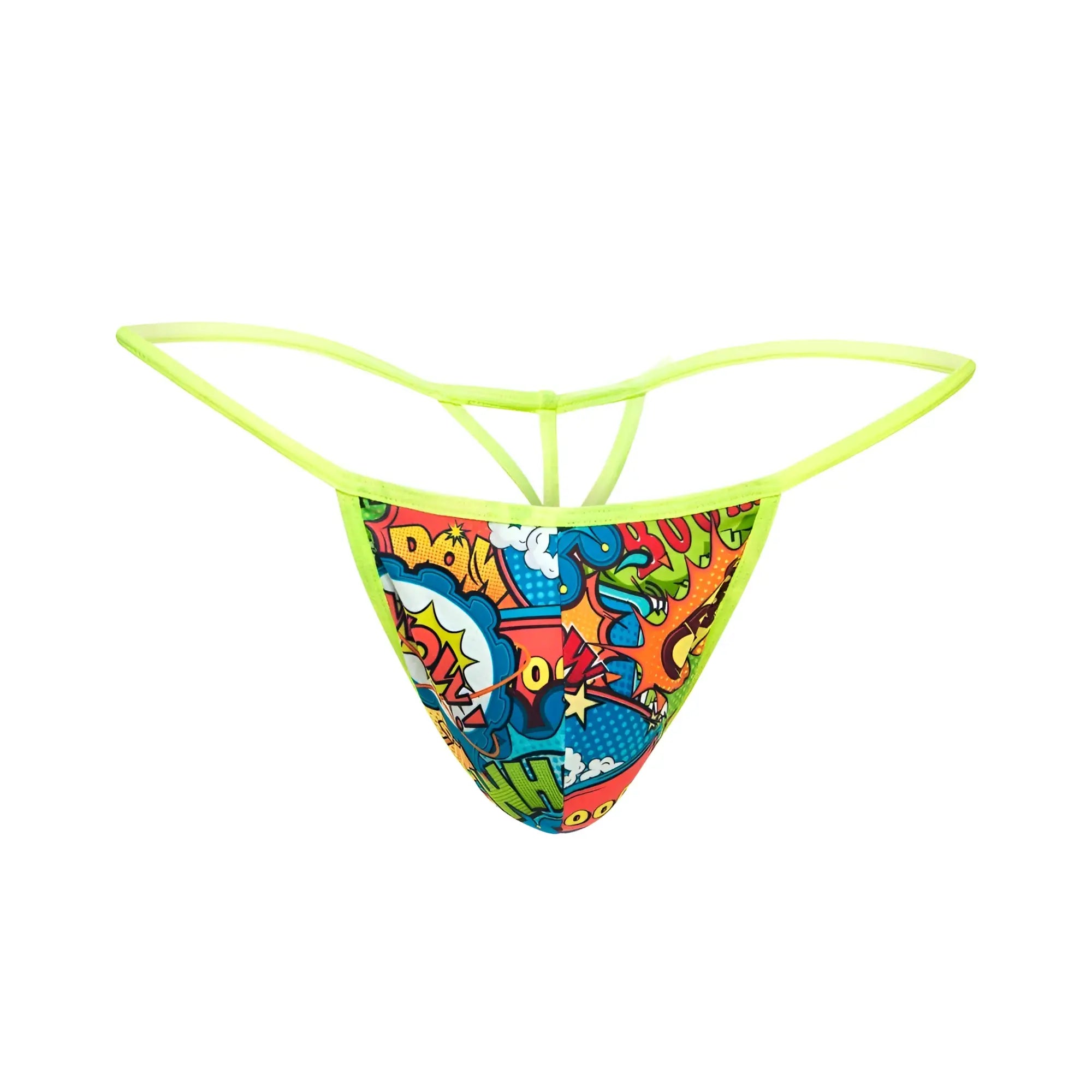 Vibrant neon green mob hipster t thong with bold comic book print featuring colorful speech bubbles and action words