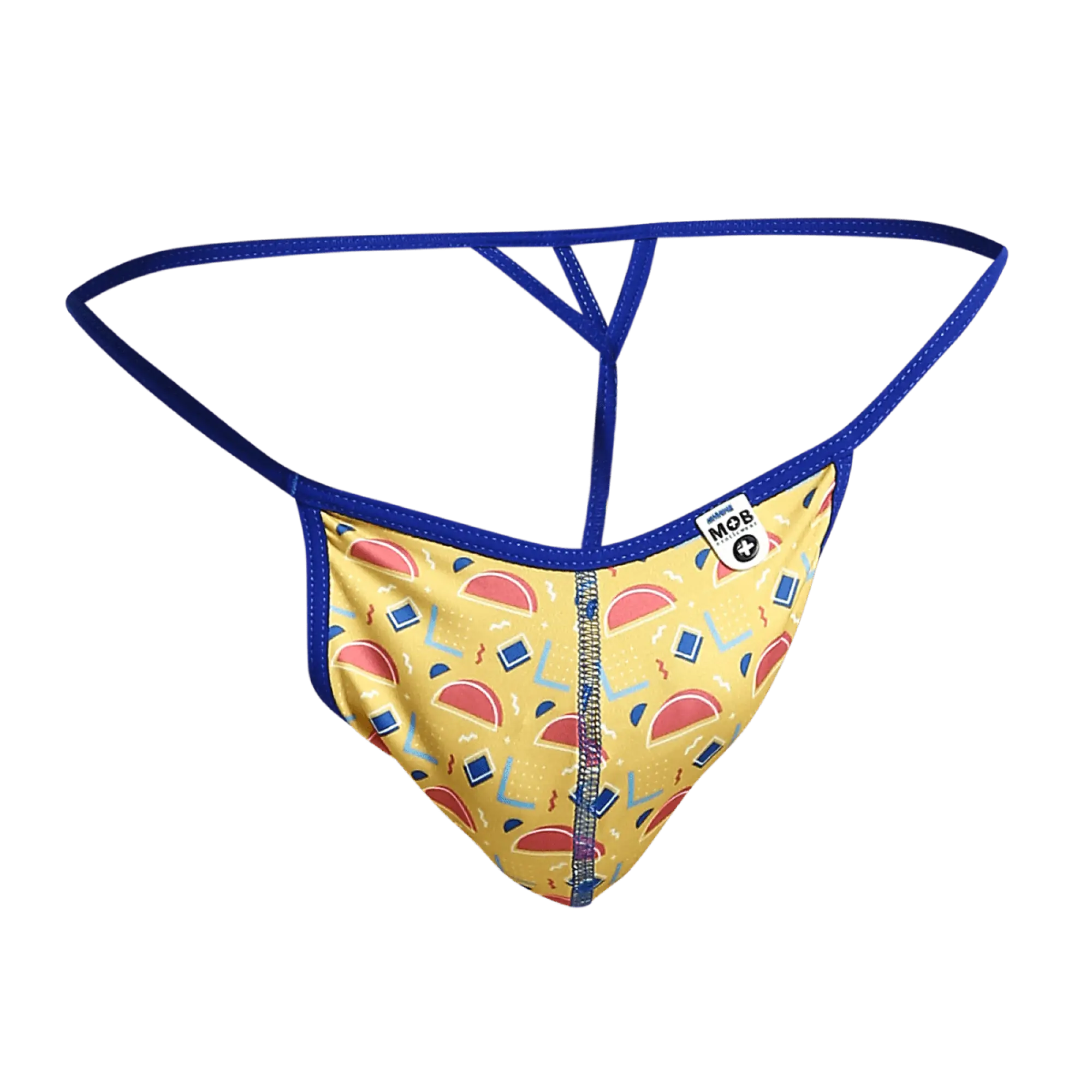 Yellow and blue patterned MOB Hipster T thong with retro red semicircles geometric design and central zipper front view