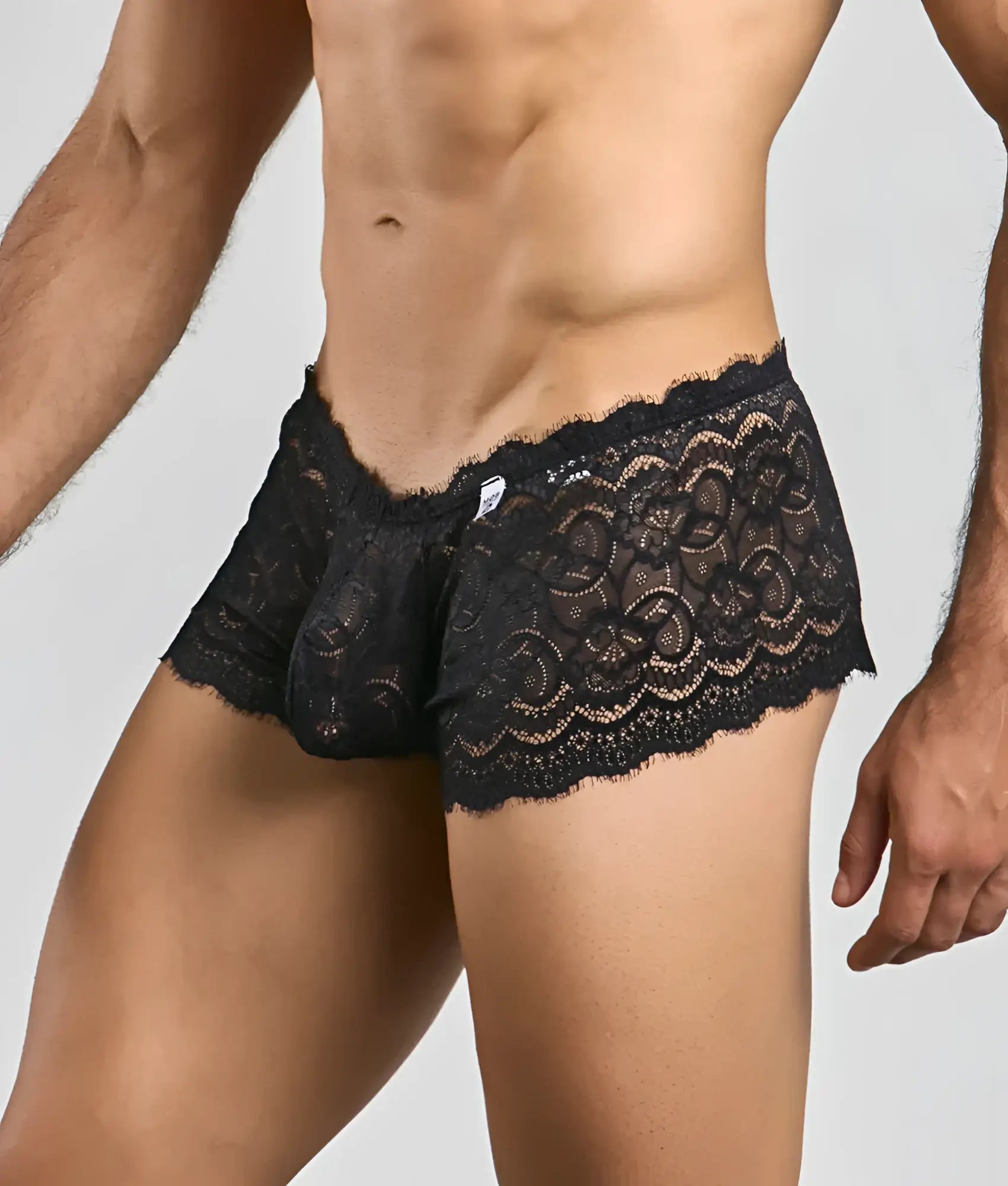 Black lace boxer shorts for men with intricate floral patterns and scalloped edges in lace boxer short rose style