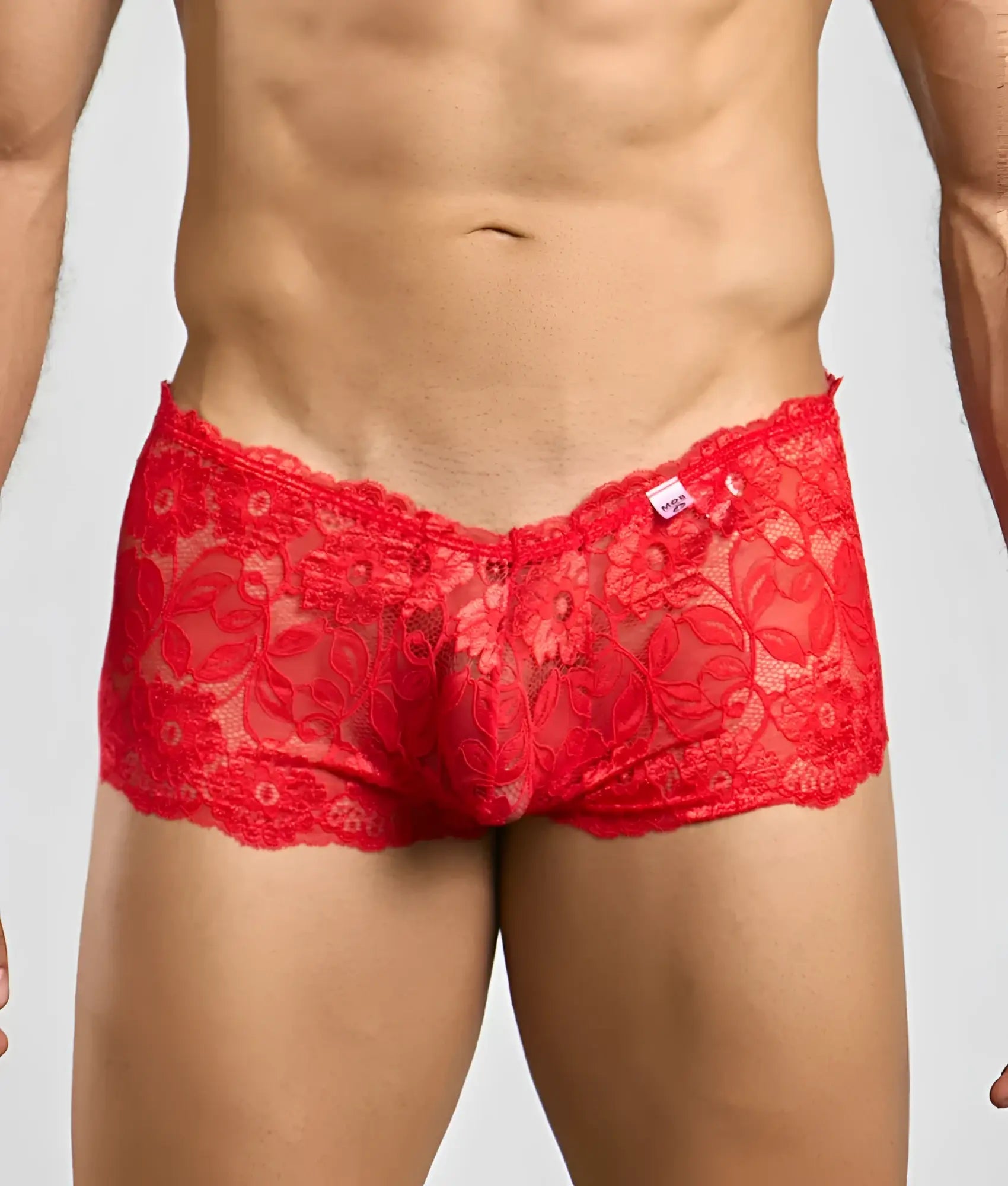 Red floral lace men’s boxer shorts made of sheer rose lace for comfortable stylish underwear