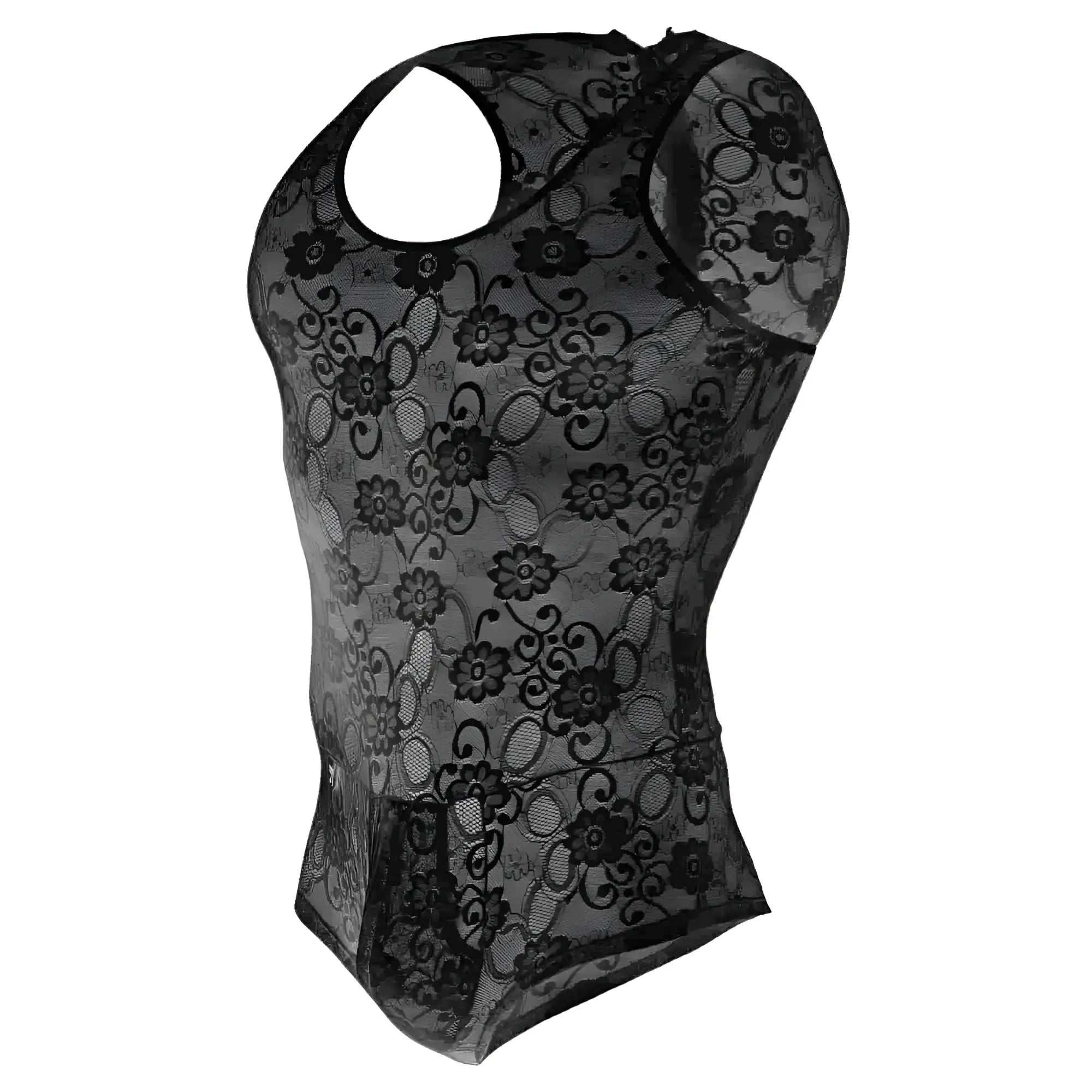 Mob men’s lace bodysuit black floral lace halter top with sheer mesh overlay detailed front view